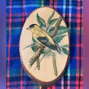 Vintage Wood Slice Art Goldfinch Bird
